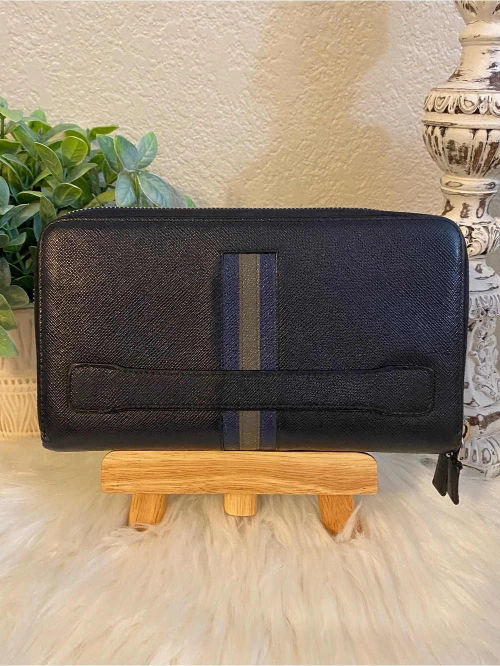 PRADA Unisex Saffiano Double Zip Travel Organizer/ Clutch Wallet with Stripe
